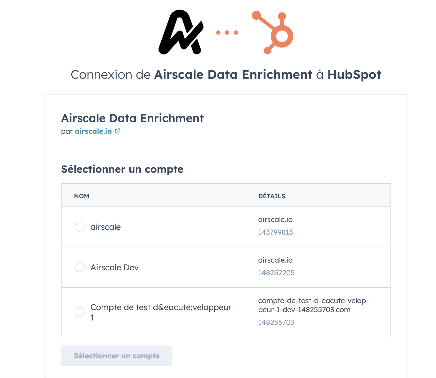 HubSpot account selection screen