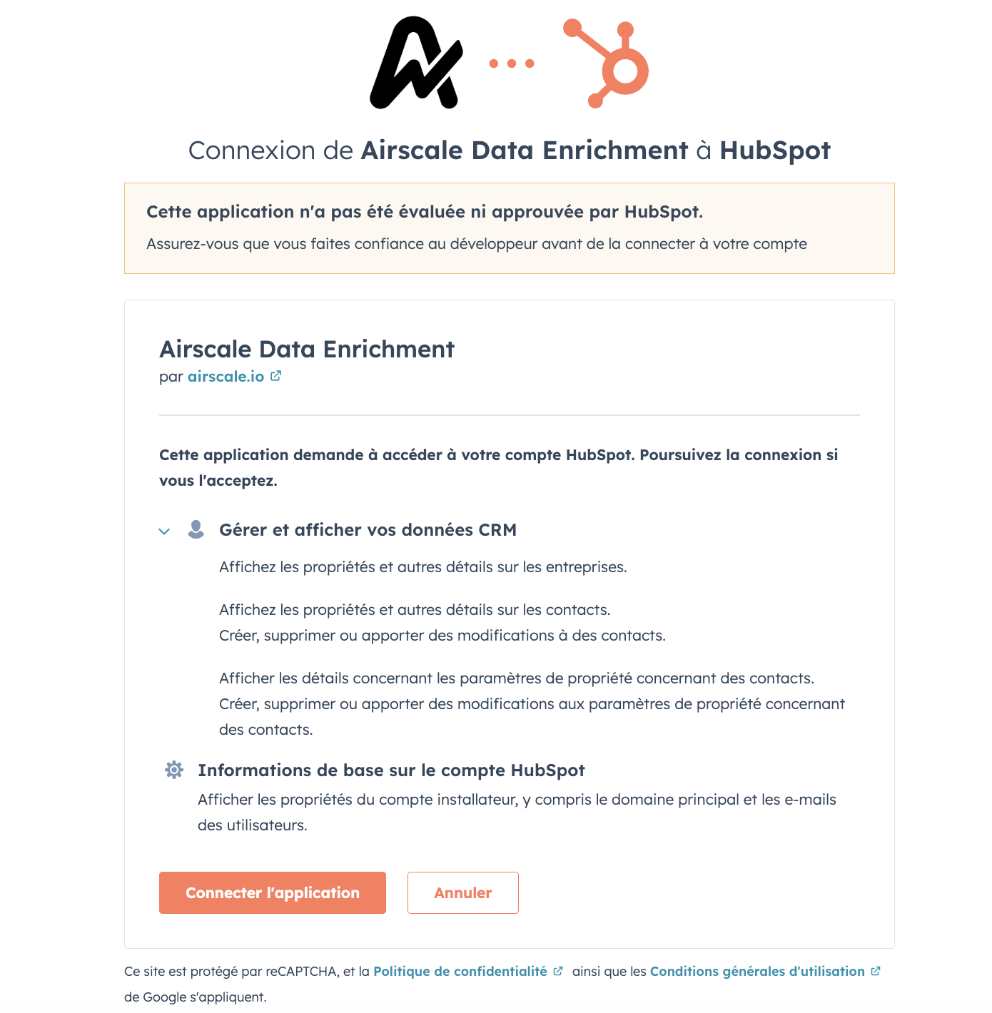 HubSpot permissions approval screen