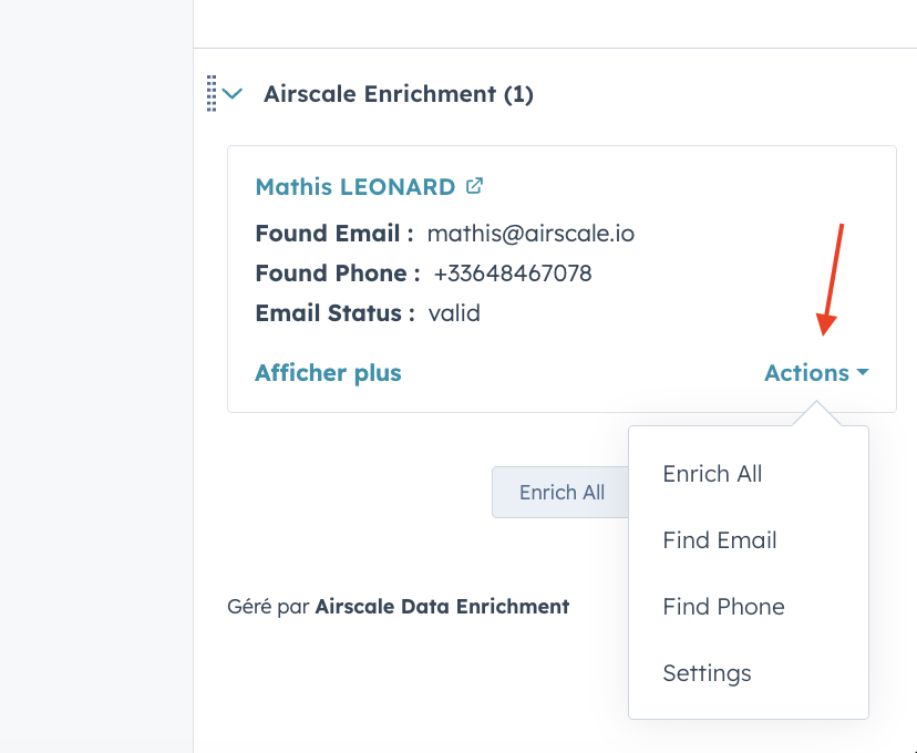 Actions dropdown expanded
