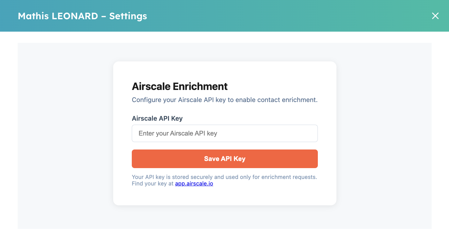 Settings modal with API key input